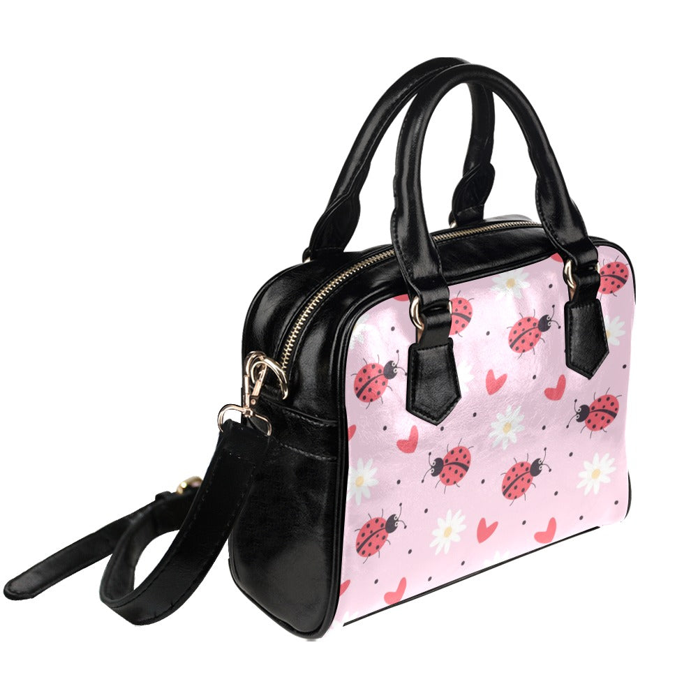 Ladybug Shoulder Purse, Cute Pink Daisy Floral Small Retro Vintage Vegan Leather Women Designer Handbag with Strap Crossbody Ladies Bag