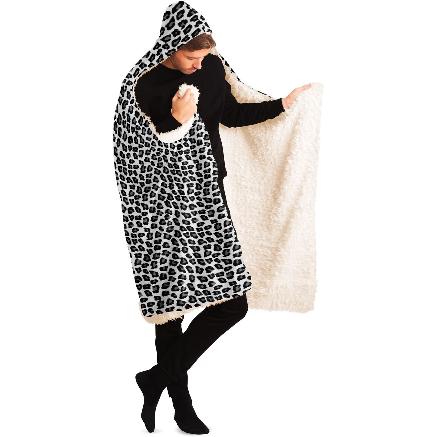 Snow Leopard Hooded Blanket, White Black Cheetah Animal Print Sherpa Fleece Faux Fur Fluffy Warm Adult Men Women Kids Large Wearable Hood