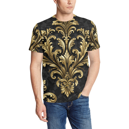 Black Gold Baroque TShirt, Luxury Print Designer Lightweight Crewneck Men Male Women Cool Graphic Tee Top Short Sleeve Shirt