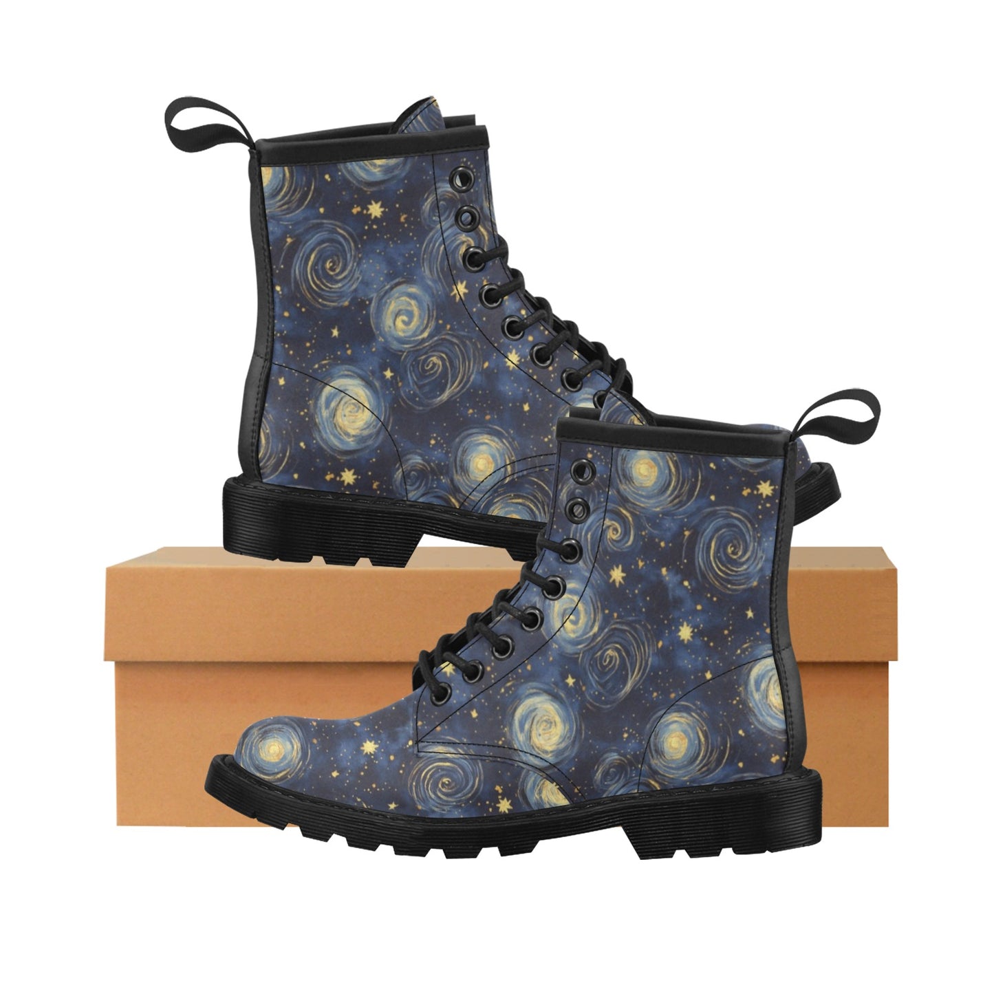 Starry Night Sky Stars Women Boots, Galaxy Swirly Space Black Vegan Leather Lace Up Shoes Print Ankle Punk Combat Winter Ladies Designer