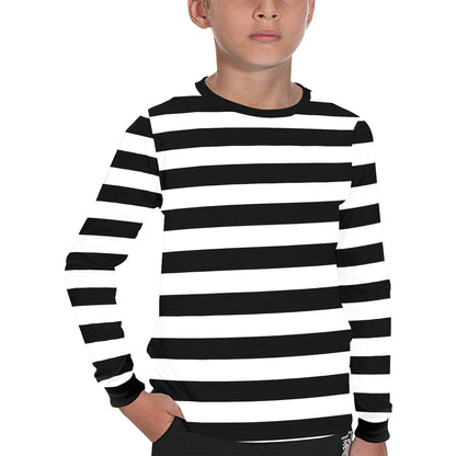 Black and White Striped Kids Long Sleeve Tshirt, Unisex Boys Girls Children Horizontal Stripes Designer Graphic Printed Crew Neck Tee Top