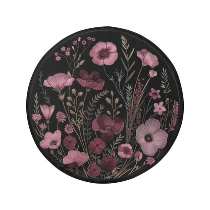 Pink Purple Flowers Spare Tire Cover, Faux Embroidery Printed Floral Wheel Auto Car Unique Design Backup Camera Hole Trailer Back Women RV