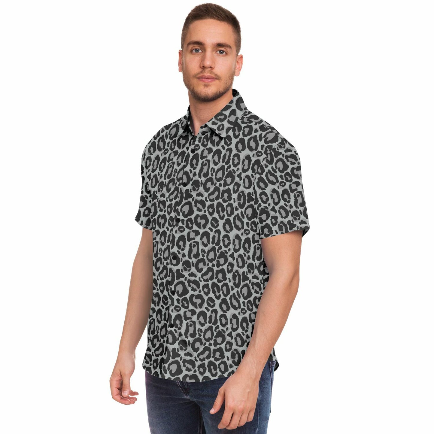 Grey Leopard Men Button Up Shirt, Animal Cheetah Print Short Sleeve Print Casual Buttoned Down Summer Male Guys Collared Designer Dress