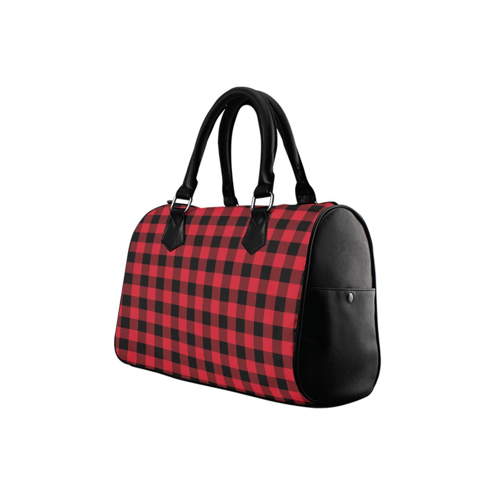 Red and Black Buffalo Plaid Handbag, Women Ladies Checkered Check Print Canvas Leather Top Handle Barrel Boston Type Designer Purse Bag