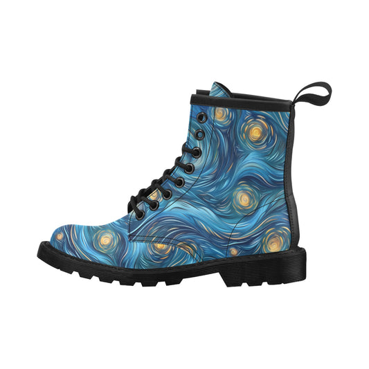 Starry Night Galaxy Women's Boots, Swirly Sky Space Black Vegan Leather Lace Up Shoes Print Ankle Punk Combat Gothic Winter Ladies Designer