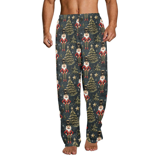 Nutcracker Christmas Men Pajamas Pants, Xmas Trees Green Gold Stars PJ Pockets Sleep Lounge Trousers Guys Male Matching Sleepwear Bottoms