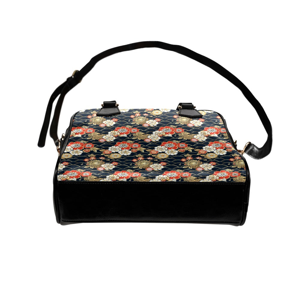 Japanese Floral Purse, Asian Flowers Retro Pattern Cute Small Shoulder Zip Bag Vegan Leather Women Designer Handbag Crossbody Ladies