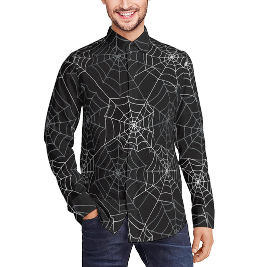 Spiderweb Long Sleeve Men Button Up Shirt, Halloween Black Creepy Guys Male Print Buttoned Down Collared Graphic Casual Dress Plus Size