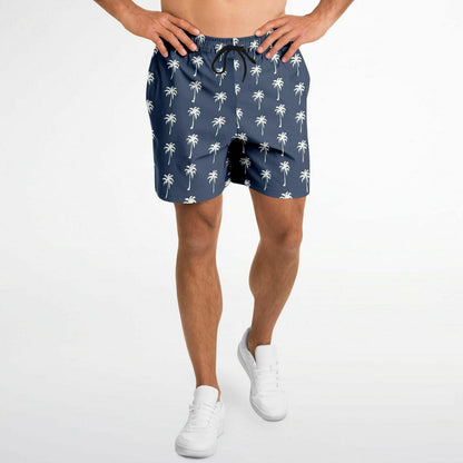 Palm Trees Men Shorts, Navy Blue Beach Male Casual with Pockets 7 Inch Inseam Drawstring Casual Designer Cool Summer