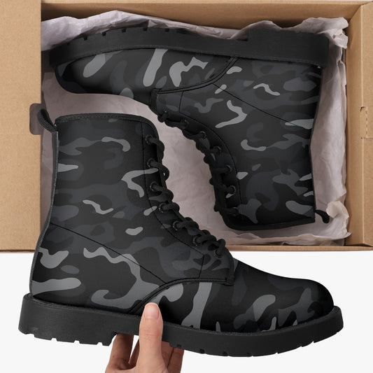 Black Camo Leather Boots, Grey Camouflage Lace Up Shoes Hiking Women Men Female Festival Black Ankle Combat Work Winter Casual Custom