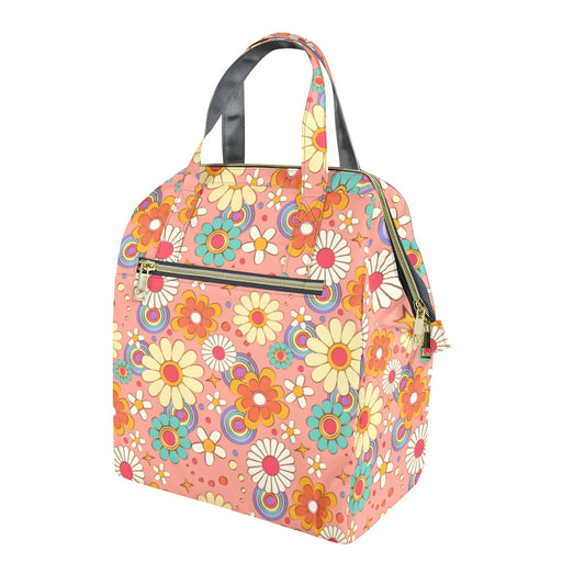 Pink Retro Floral Insulated Lunch Box Bag Tote, Vintage Flowers Cute Food Container Adult Kids Women Teens Men Office School Work Handbag