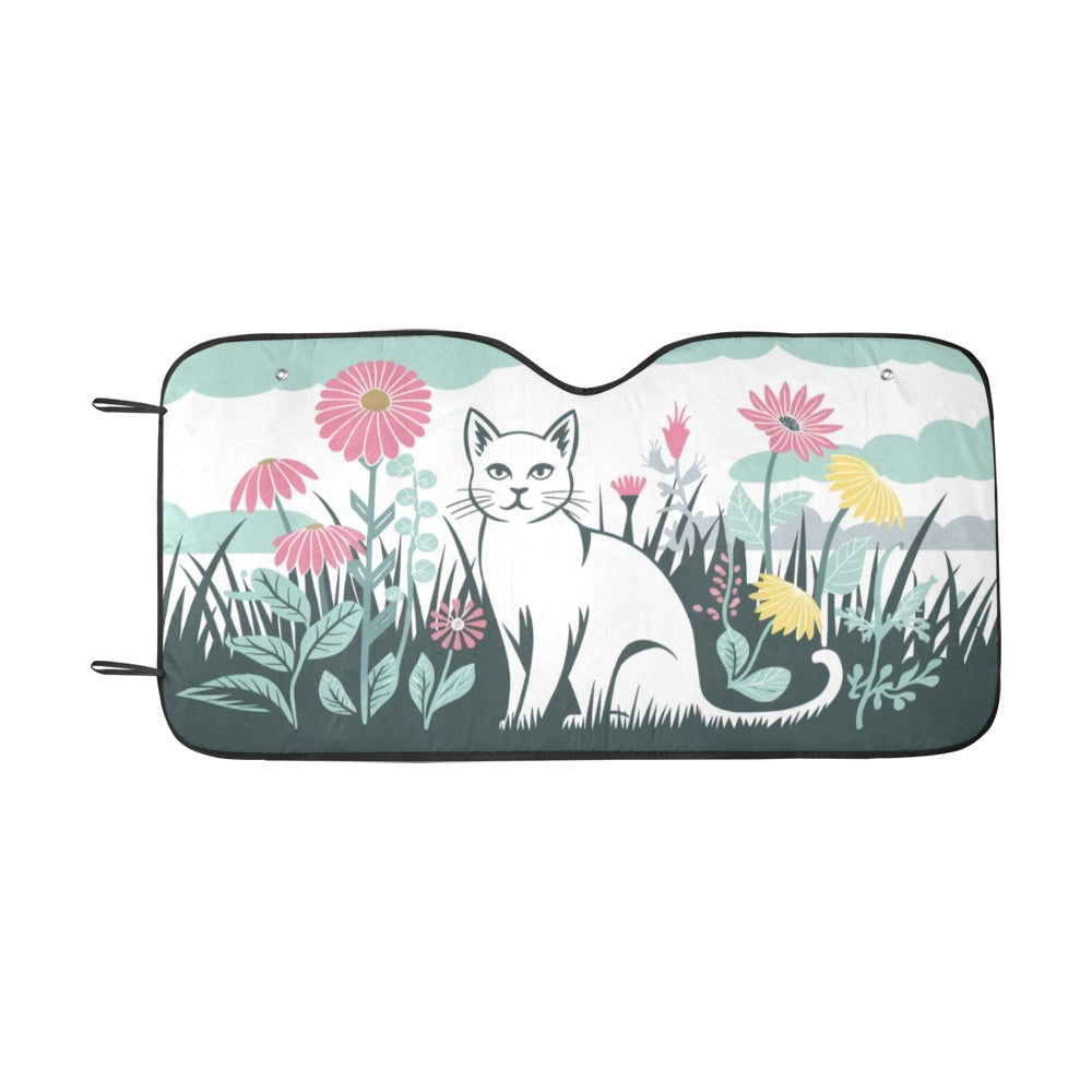 White Cat Sunshade, Floral Car Windshield Sun Shade Kitten Shield Blocker Reflector Auto Cover Protector Window Visor Screen Universal Size