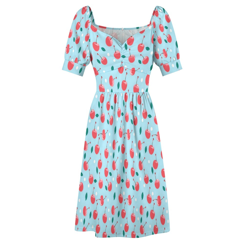 Red Cherry Print Midi Dress, Blue Summer Fruit Short Sleeve Women Casual Cute Designer Flare Elegant Plus Size Dress Starcove Fashion