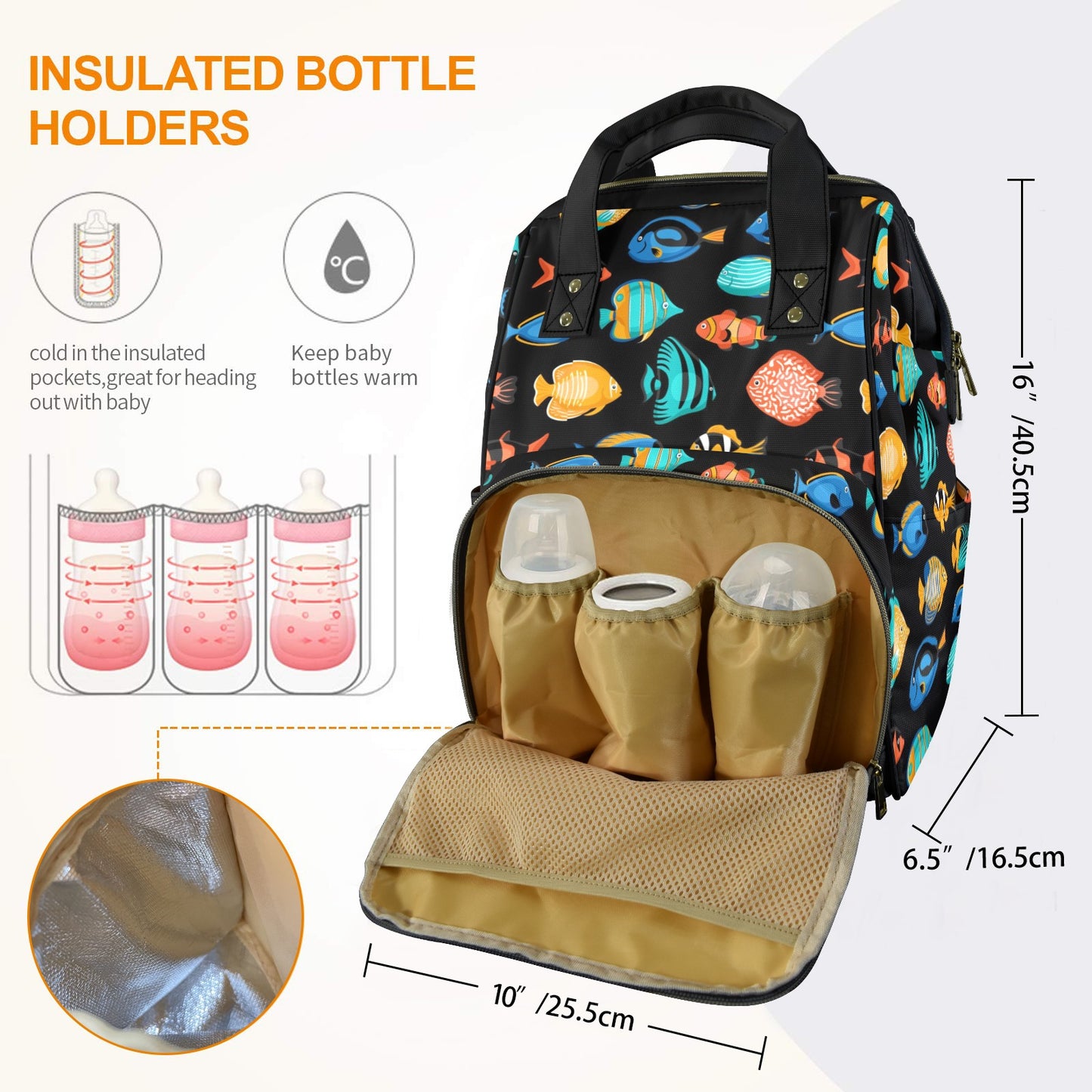 Fish Diaper Bag Backpack, Cute Tropical Fishing Animal Baby Boy Girl Waterproof Insulated Pockets Stylish Mom Dad Designer Men Women Large