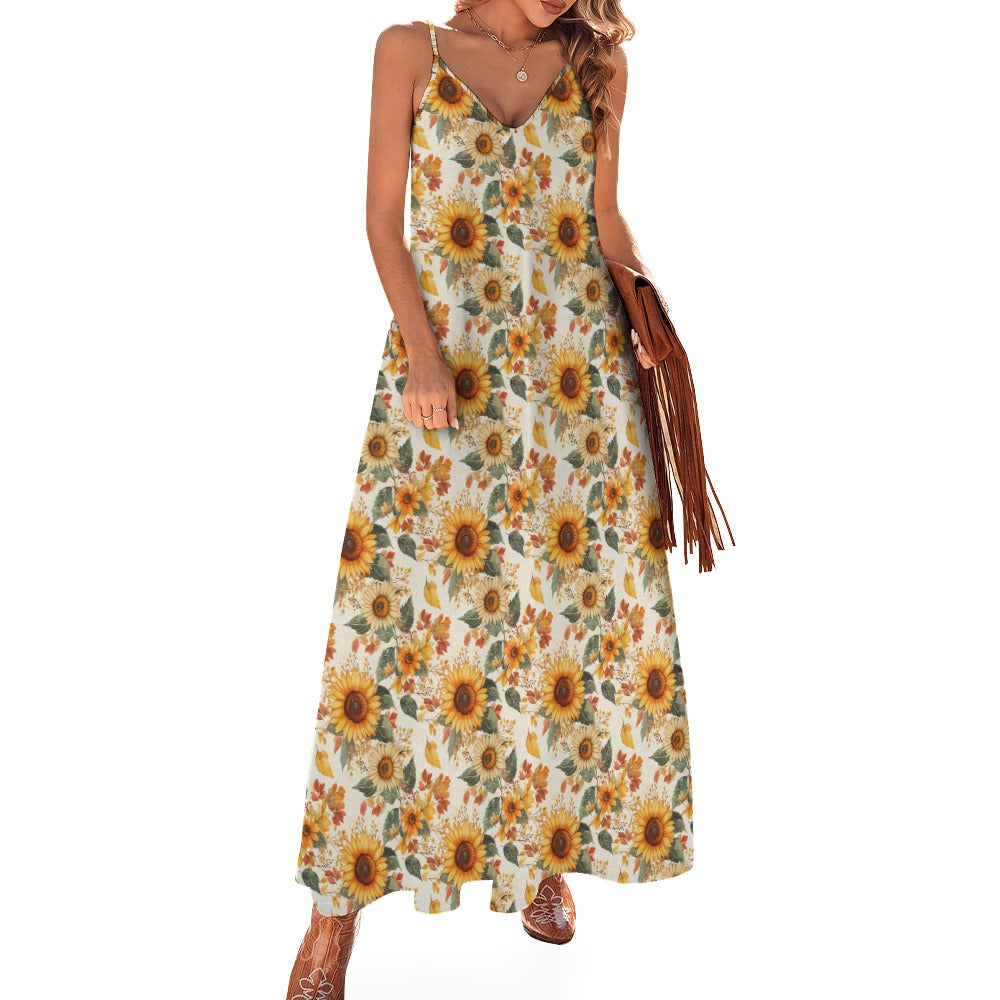 Sunflowers Floral Maxi Dress, Fall Leaves Autumn Long Flowers Spaghetti Straps Women Sleeveless Casual Designer Elegant Plus Size Cocktail