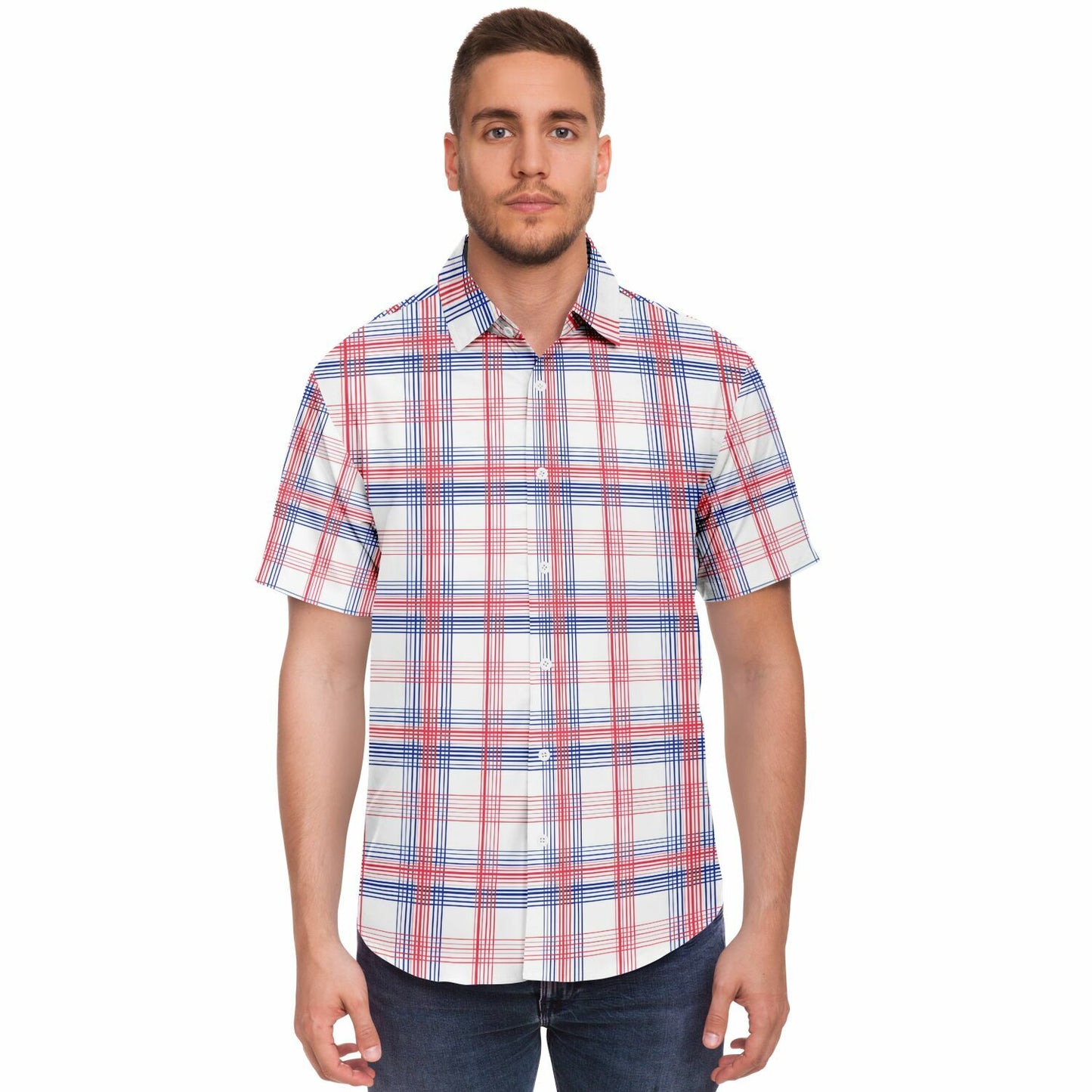 Red White Blue Men Button Up Shirt, Check Plaid Tartan Short Sleeve Print Casual Buttoned Down Summer Male Guys Collared Designer Dress