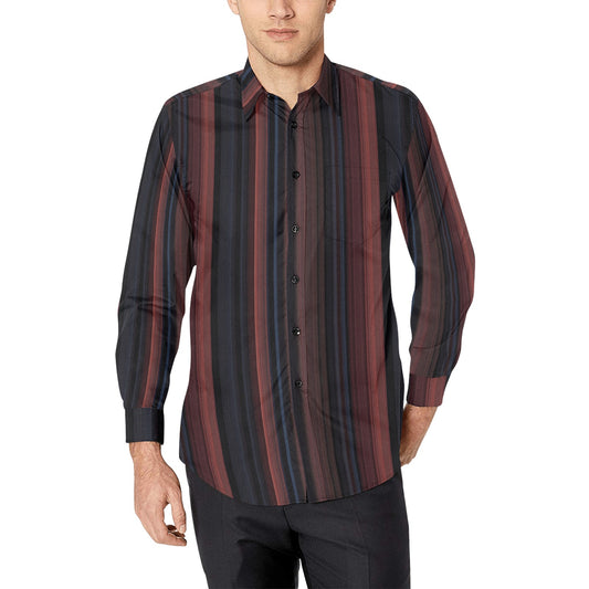 Dark Maroon Striped Long Sleeve Men Button Up Shirt, Navy Blue Vertical Print Guys Male Buttoned Collared Casual Dress Shirt Chest Pocket