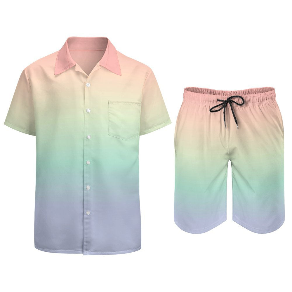 Pastel Ombre Shirt Shorts Outfit Set Men, Gradient Tie Dye Hawaiian Button Beach Suit Male Guys Summer Short Sleeve Button Up Down Wedding