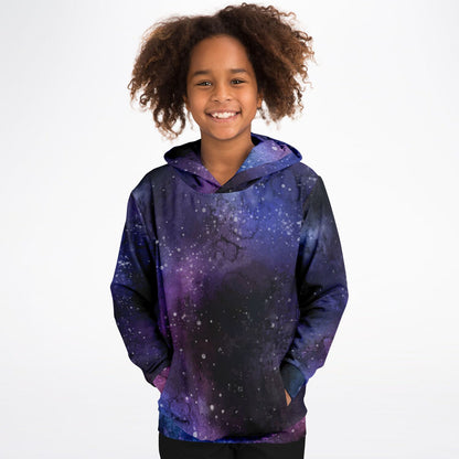 Galaxy Space Kids Pullover Hoodie, Purple Stars Universe Girls Boy Toddler Youth Fleece Aesthetic Cotton Graphic Hooded Sweatshirt Pockets