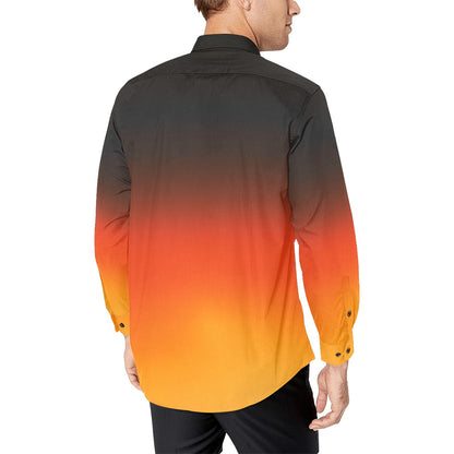 Black Orange Ombre Long Sleeve Men Button Up Shirt, Gradient Tie Dye Two Tone Print Buttoned Collar Casual Dress Chest Pocket Plus Size