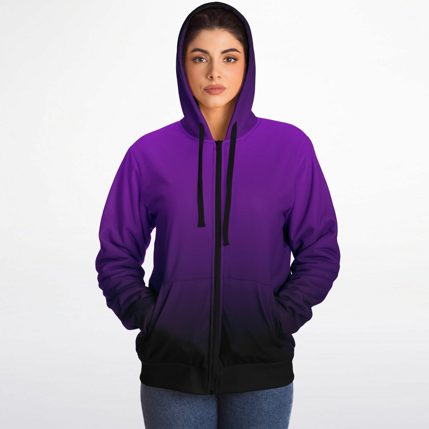 Black Purple Ombre Zip Up Fleece Lined Hoodie, Gradient Tie Dye Heavyweight Sherpa Full Zipper Pocket Men Women Hooded Sweatshirt Jacket