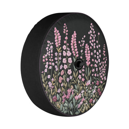 Pink Wild Flowers Spare Tire Cover, Faux Embroidery Printed Floral Wheel Auto Car Unique Design Backup Camera Hole Trailer Back Women RV