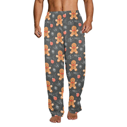 Gingerbread Christmas Men Pajamas Pants, Xmas Holidays Snow Grey PJ Pockets Sleep Lounge Trousers Guys Male Matching Sleepwear Bottoms