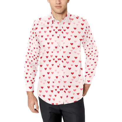 Pink Hearts Long Sleeve Men Button Up Shirt, Valentine's Day Fun Print Dress Male Buttoned Collar Casual Dress Shirt with Chest Pocket