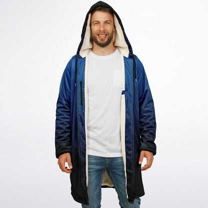 Black Blue Ombre Hooded Fleece Cloak Zipper Jacket, Tie Dye Coat Men Women Male Ladies Winter Warm Mink Hooded Blanket Festival Cape Pockets