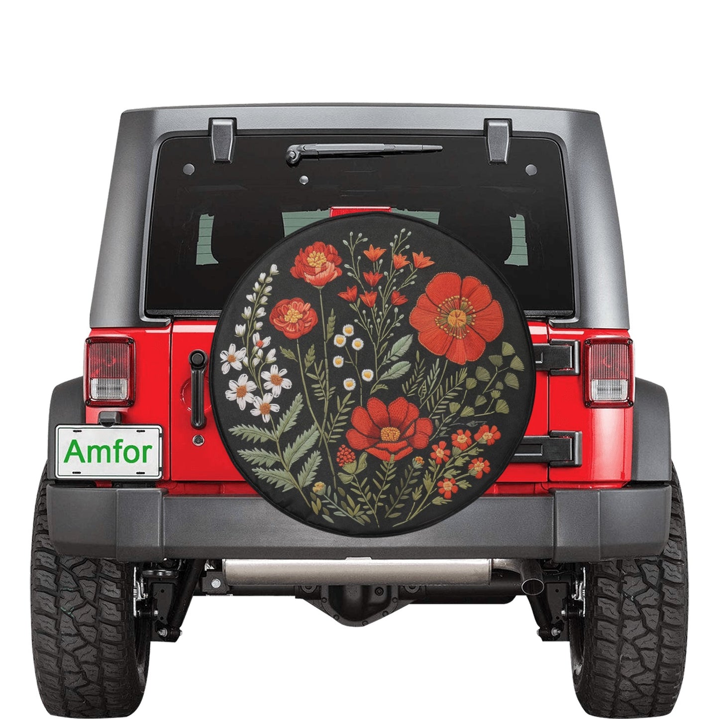 Red Flowers Spare Tire Cover, Faux Embroidery Botanical Plants Printed Floral Wheel Unique Backup Camera Hole Trailer Back Men Women RV Gift