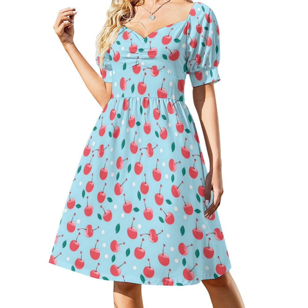 Red Cherry Print Midi Dress, Blue Summer Fruit Short Sleeve Women Casual Cute Designer Flare Elegant Plus Size Dress Starcove Fashion