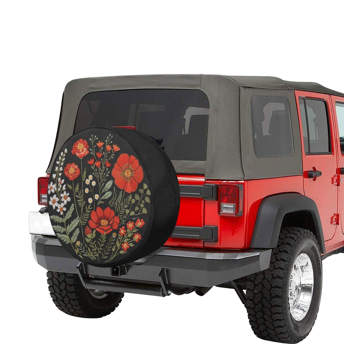 Red Flowers Spare Tire Cover, Faux Embroidery Botanical Plants Printed Floral Wheel Unique Backup Camera Hole Trailer Back Men Women RV Gift