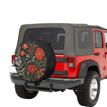 Red Flowers Spare Tire Cover, Faux Embroidery Botanical Plants Printed Floral Wheel Unique Backup Camera Hole Trailer Back Men Women RV Gift