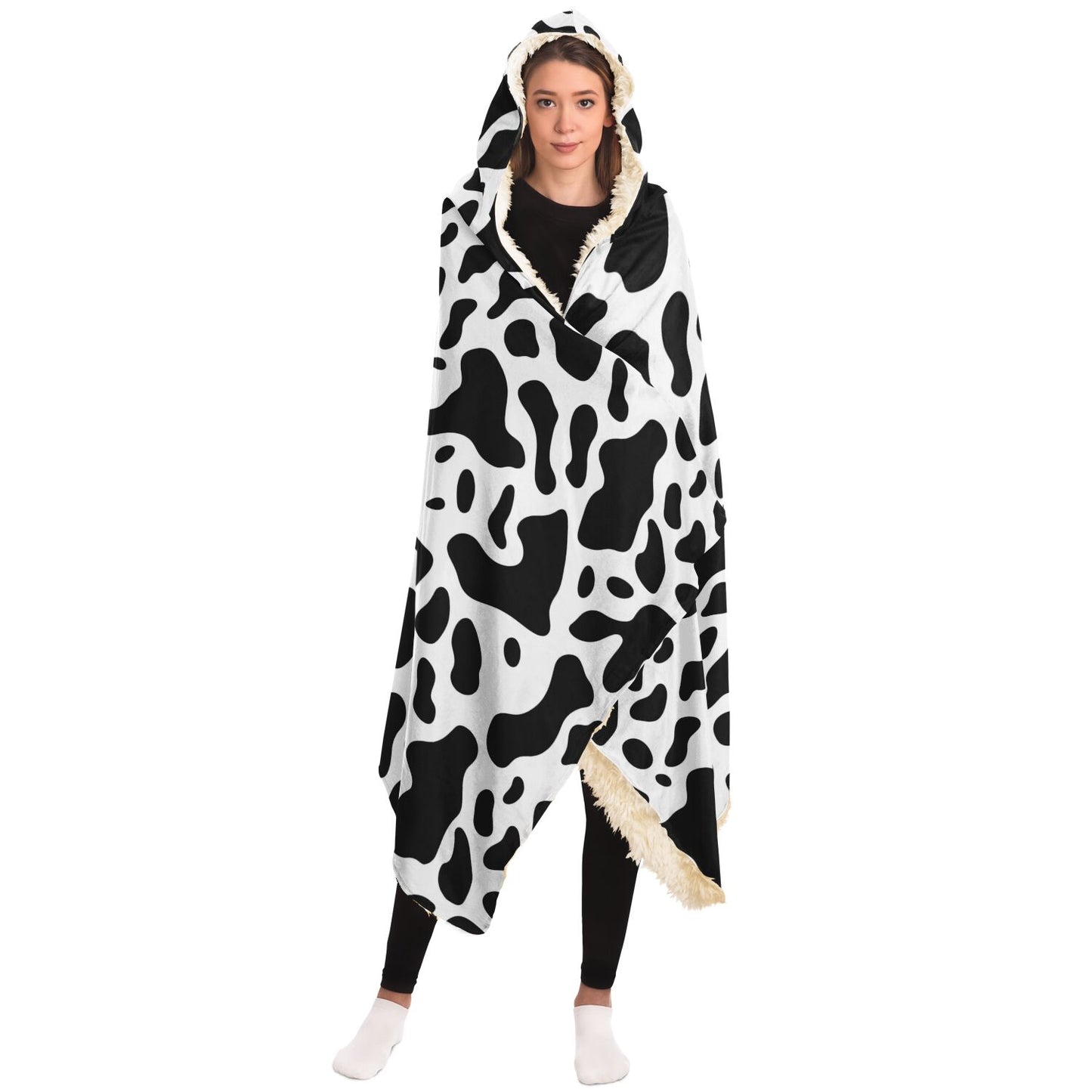 Cow Print Hooded Blanket, Black White Animal Sherpa Fleece Soft Fluffy Cozy Warm Adult Men Women Kids Large Wearable with Hood Gift Starcove Fashion