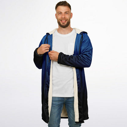 Black Blue Ombre Hooded Fleece Cloak Zipper Jacket, Tie Dye Coat Men Women Male Ladies Winter Warm Mink Hooded Blanket Festival Cape Pockets