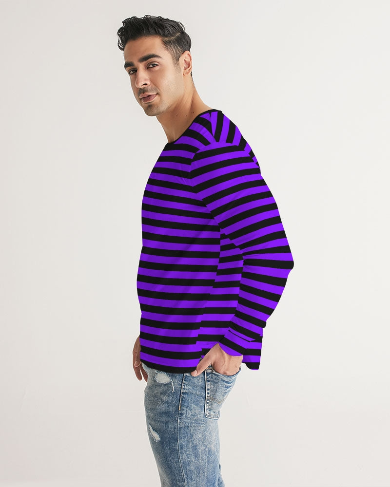 Violet Purple Black Stripes Men Long Sleeve Tshirt, Thin Horizontal Striped Unisex Women Designer Graphic Aesthetic Printed Crew Neck Tee