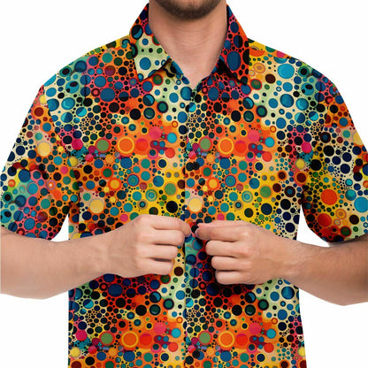 Psychedelic Men Button Up Shirt, Funky Groovy Retro Vibrant Dot Art Vintage Short Sleeve Festival Print Buttoned Down Guys Collared Designer