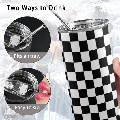 Checkered Tumbler 20oz Lid Straw, Stainless Steel Travel Mug Black White Check Insulated Cup Flask Coffee Traveler Custom Gift Men Women