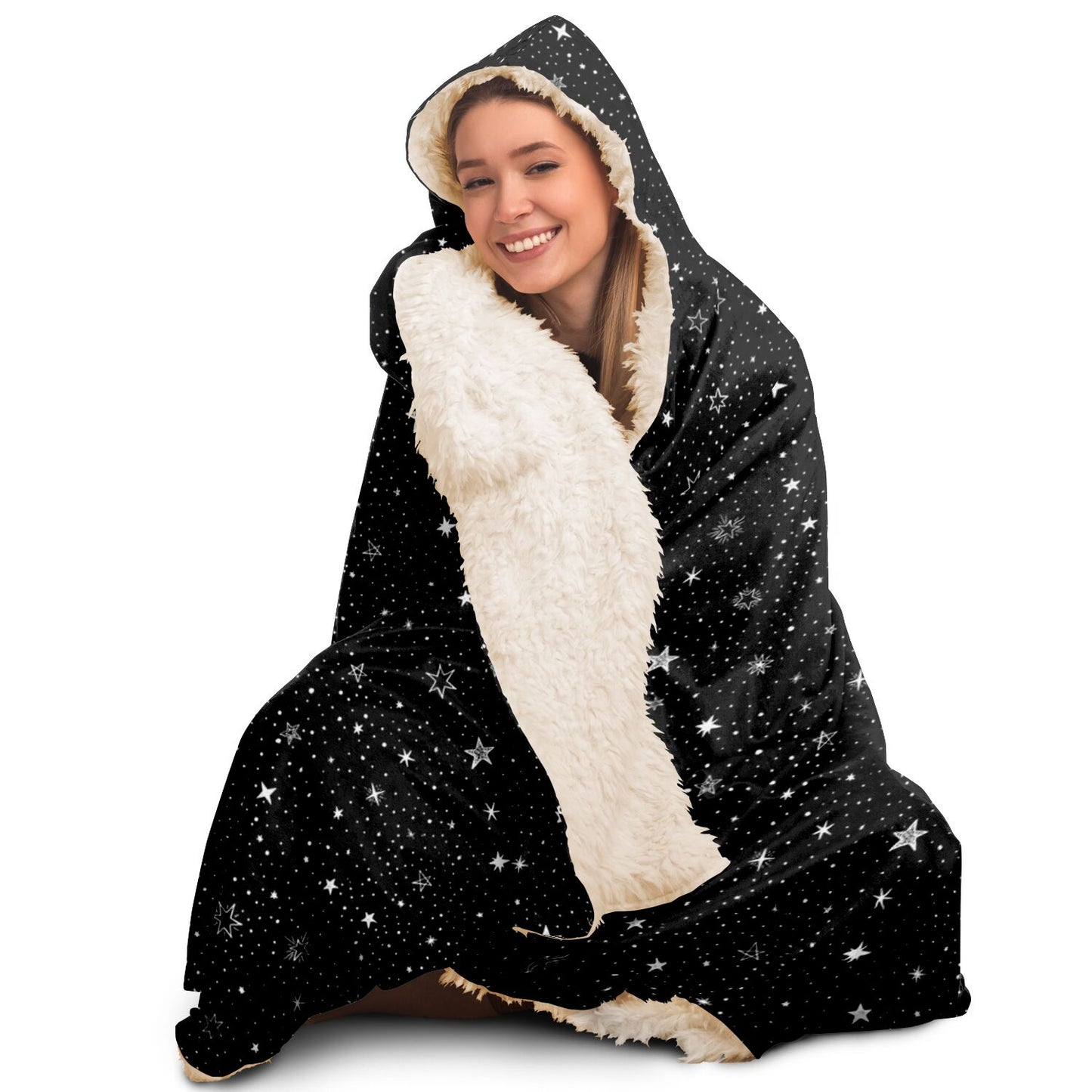 Stars Hooded Blanket, Black Silver Space Galaxy Sherpa Fleece Soft Fluffy Cozy Warm Adult Men Women Kids Large Wearable with Hood Gift