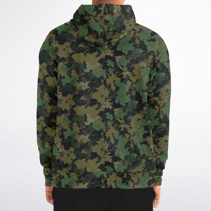 Green Camo Zip Up Hoodie, Realistic Camouflage Woodland Leaf Full Zipper Pocket Men Women Unisex Adult Cotton Fleece Hooded Sweatshirt