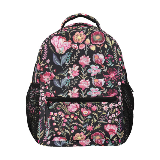 Pink Floral Backpack, Flowers Botanicals Men Women Kids Gift School College Cool Waterproof Side Pockets Laptop Designer Aesthetic Bag