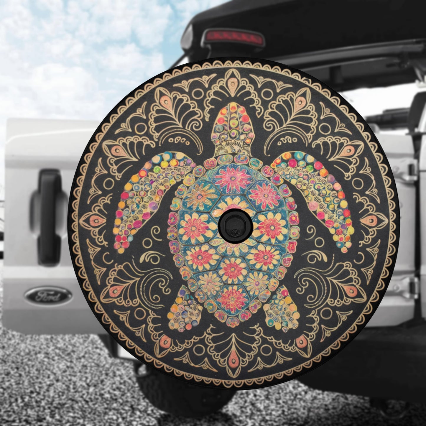 Mandala Sea Turtle Spare Tire Cover, Colorful Intricate Art Rear Backup Camera Hole Tribal Hawaiian Back Wheel Car Beach Unique RV Camper