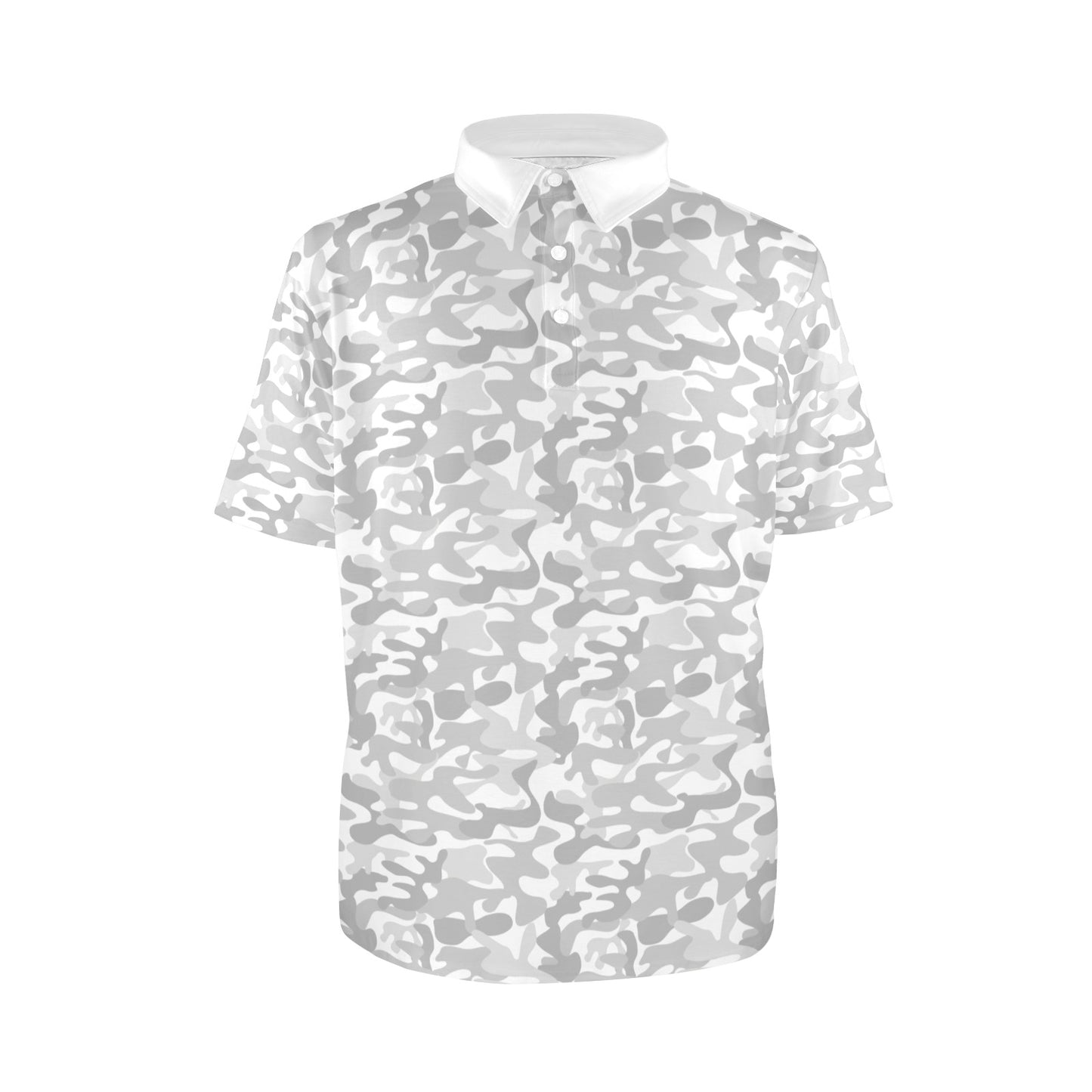 White Camouflage Men Polo Collared Shirt, Camo Pattern Casual Summer Guys Buttoned Down Up TShirt Short Sleeve Sports Golf Tee