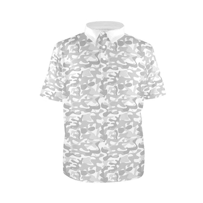 White Camouflage Men Polo Collared Shirt, Camo Pattern Casual Summer Guys Buttoned Down Up TShirt Short Sleeve Sports Golf Tee