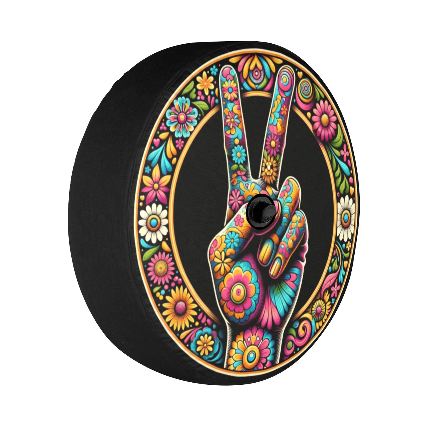 Peace Hand Sign Spare Tire Cover, 70s Flower Floral Power Hippie Black Wheel Auto Back Up Camera Hole Unique Design Women Spare RV Trailer