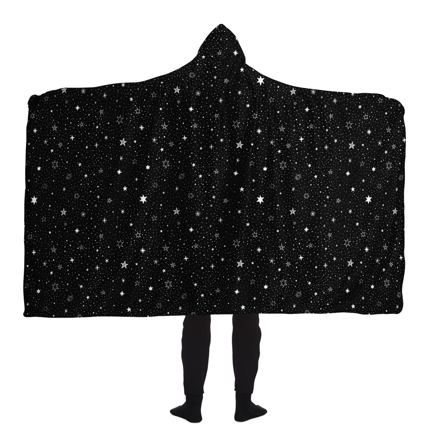 Stars Hooded Blanket, Black Silver Space Galaxy Sherpa Fleece Soft Fluffy Cozy Warm Adult Men Women Kids Large Wearable with Hood Gift