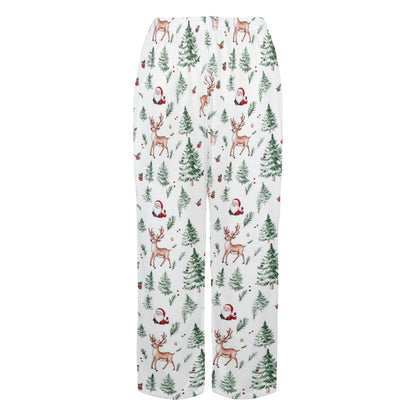 White Christmas Trees Women Pajamas Pants, Reindeer Santa Claus Xmas PJ Pockets Trousers Couples Matching Ladies Female Trousers Bottoms