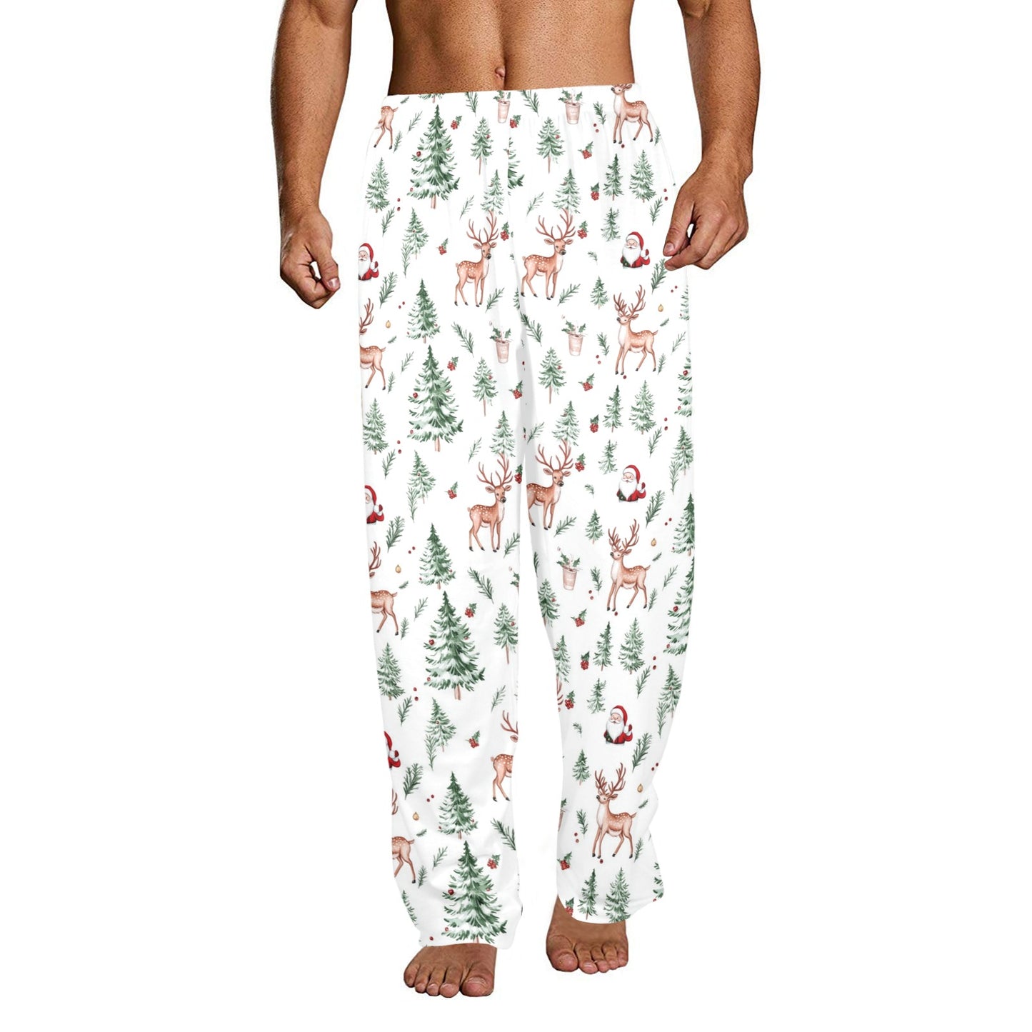 White Christmas Men Pajamas Pants, Santa Claus Trees Reindeer Xmas PJ Pockets Sleep Lounge Trousers Guys Male Matching Sleepwear Bottoms