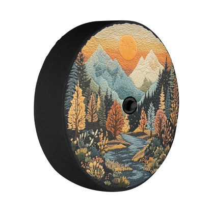 Mountains Spare Tire Wheel Cover, Sunset Boho Flowers Pine Trees Faux Embroidery Back Up Camera Hole Design Backup RV Car Camper Truck Auto