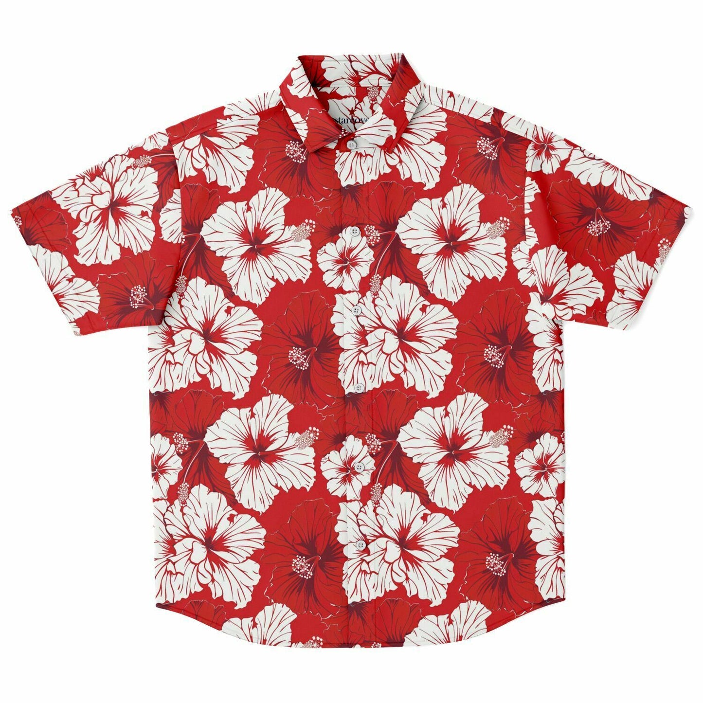 Red and White Floral Men Button Up Shirt, Hibiscus Flowers Short Sleeve Print Casual Buttoned Down Summer Guys Collared Designer Dress Shirt